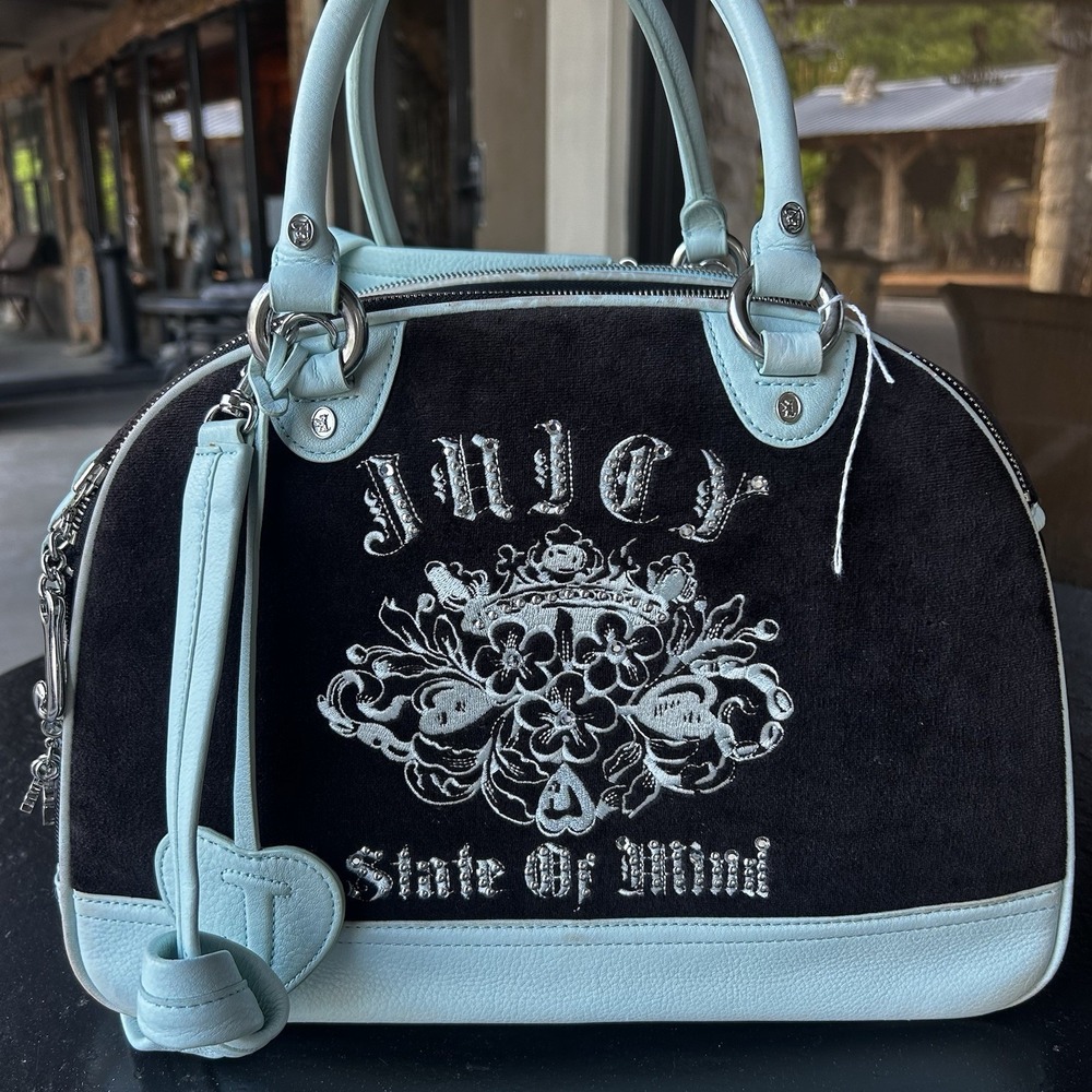Rare Vintage Y2K Juicy Couture Dog Carrier Ice Blue Velour Blingy Bowling Bag Sm